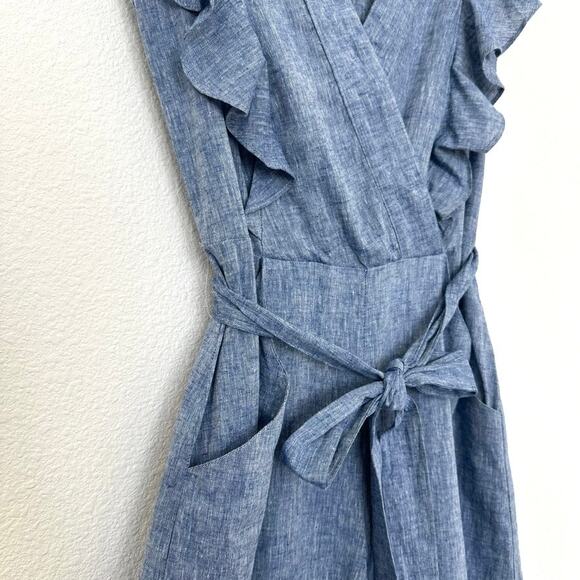 V by Violet Weekend Chambray Linen Blend Jumpsuit Ruffle Sleeve Blue 8 Coquette - Picture 4 of 8